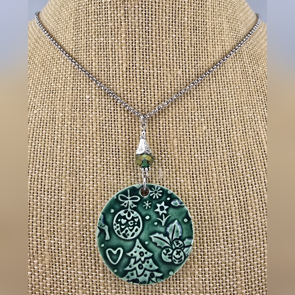 Handmade Kiln Fired Ceramic Green Christmas Pendant Necklace